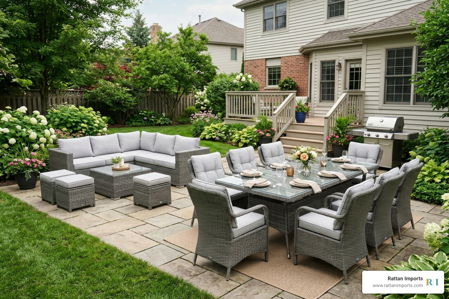 11-piece modular grey rattan dining group - grey rattan dining set