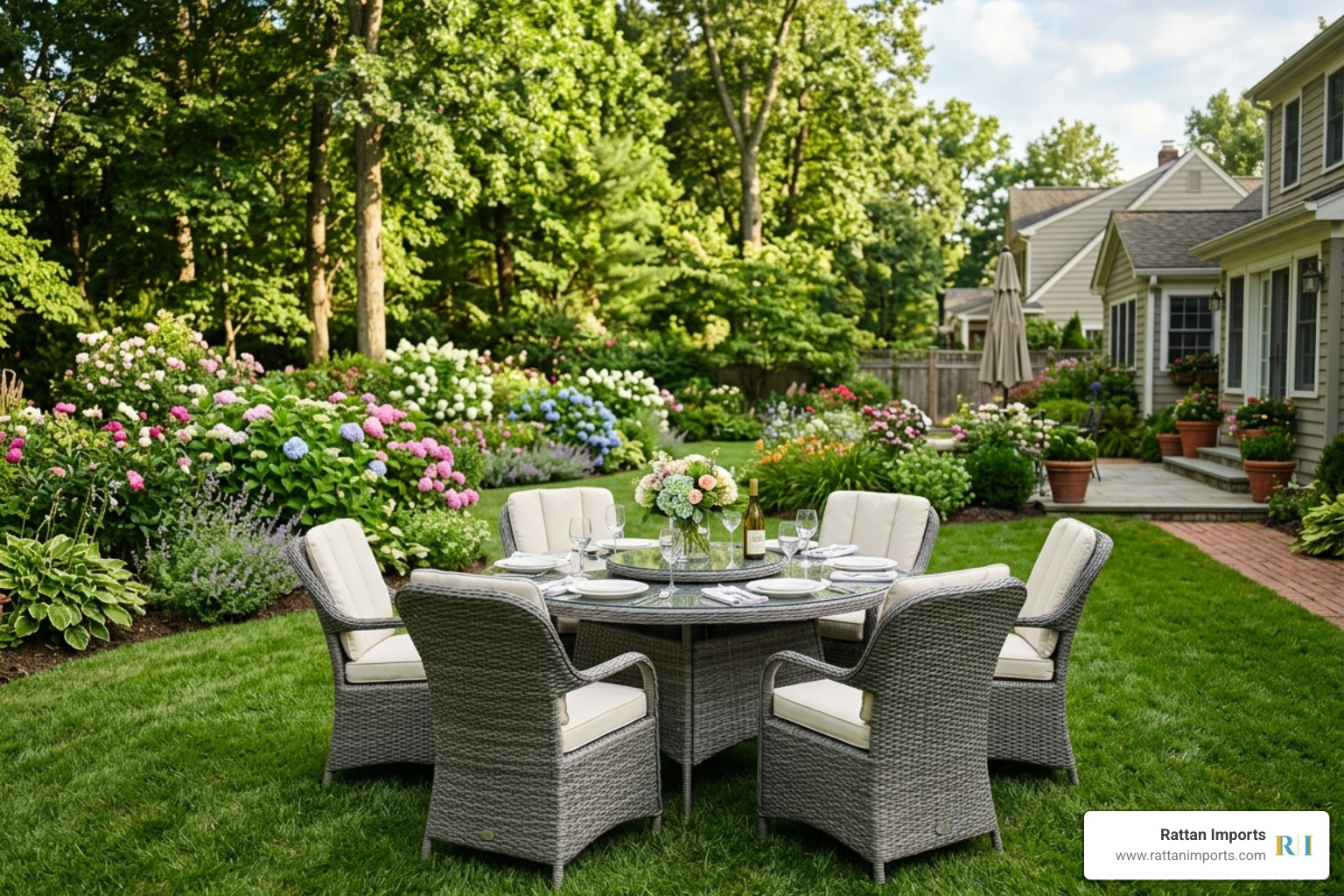 Grey rattan dining set against vibrant garden greenery - grey rattan dining set
