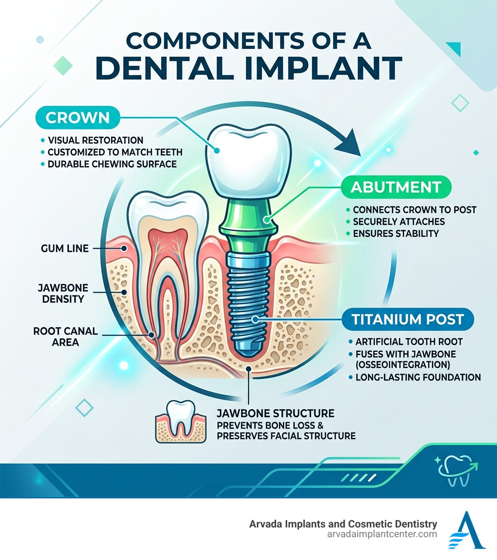 components of a dental implant: titanium post, abutment, and crown with jawbone diagram - dental implants in arvada
