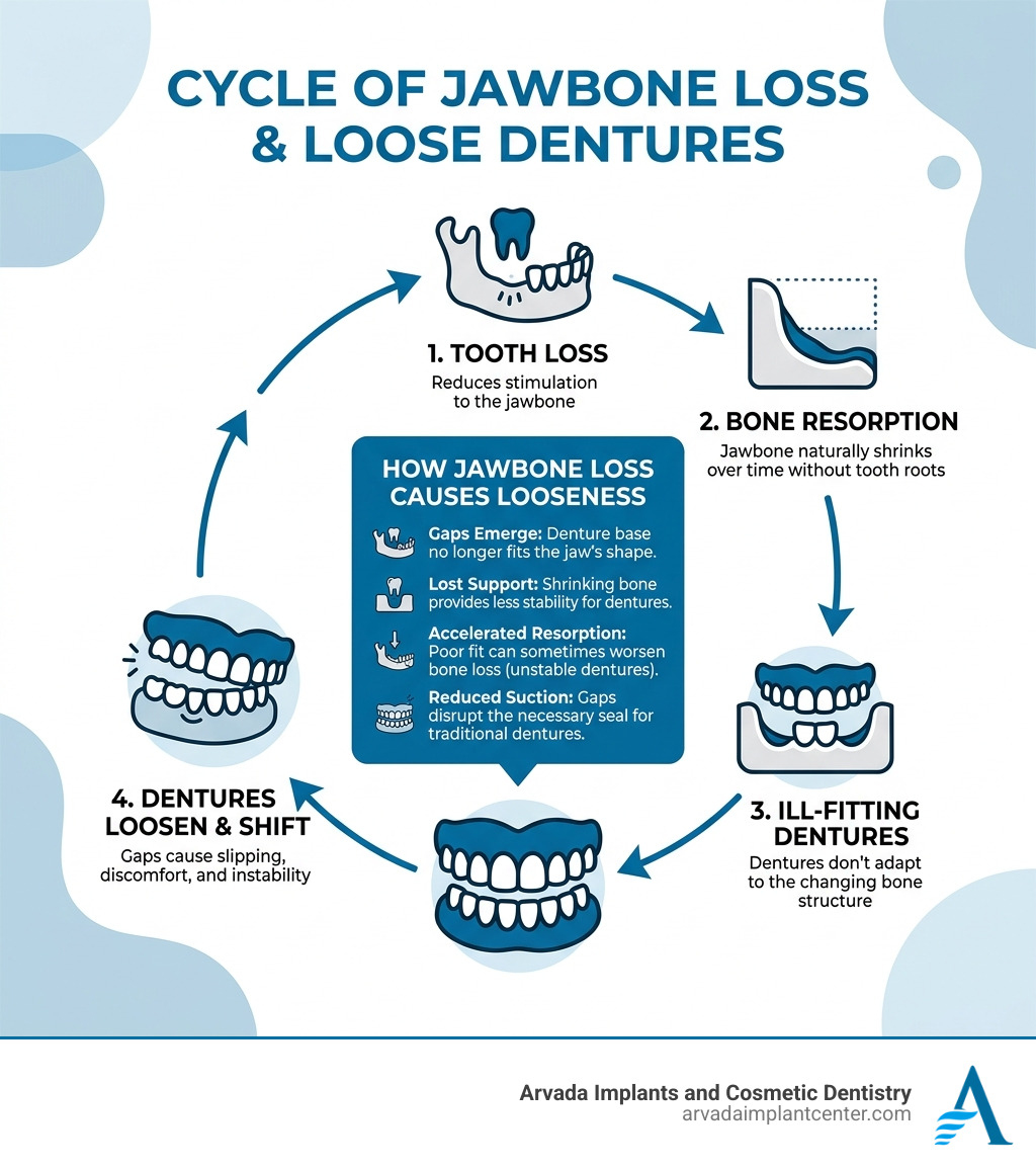 Cycle of jawbone loss and how it causes dentures to loosen over time - Fix loose dentures infographic 