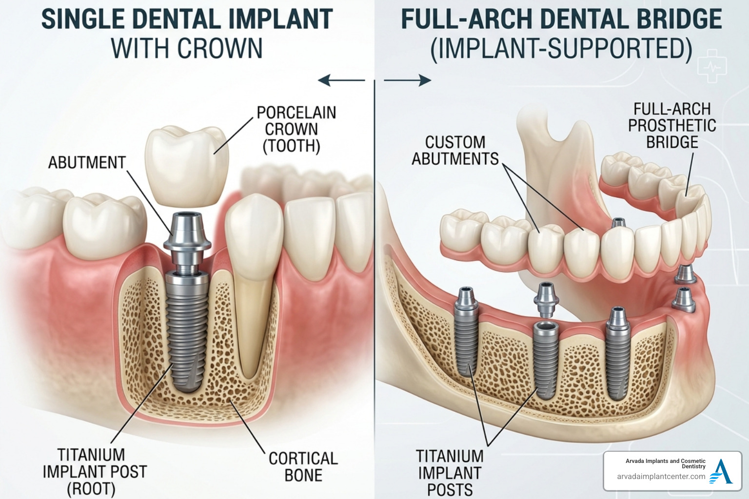 Single implant vs. full-arch bridge diagram - dental implants in arvada