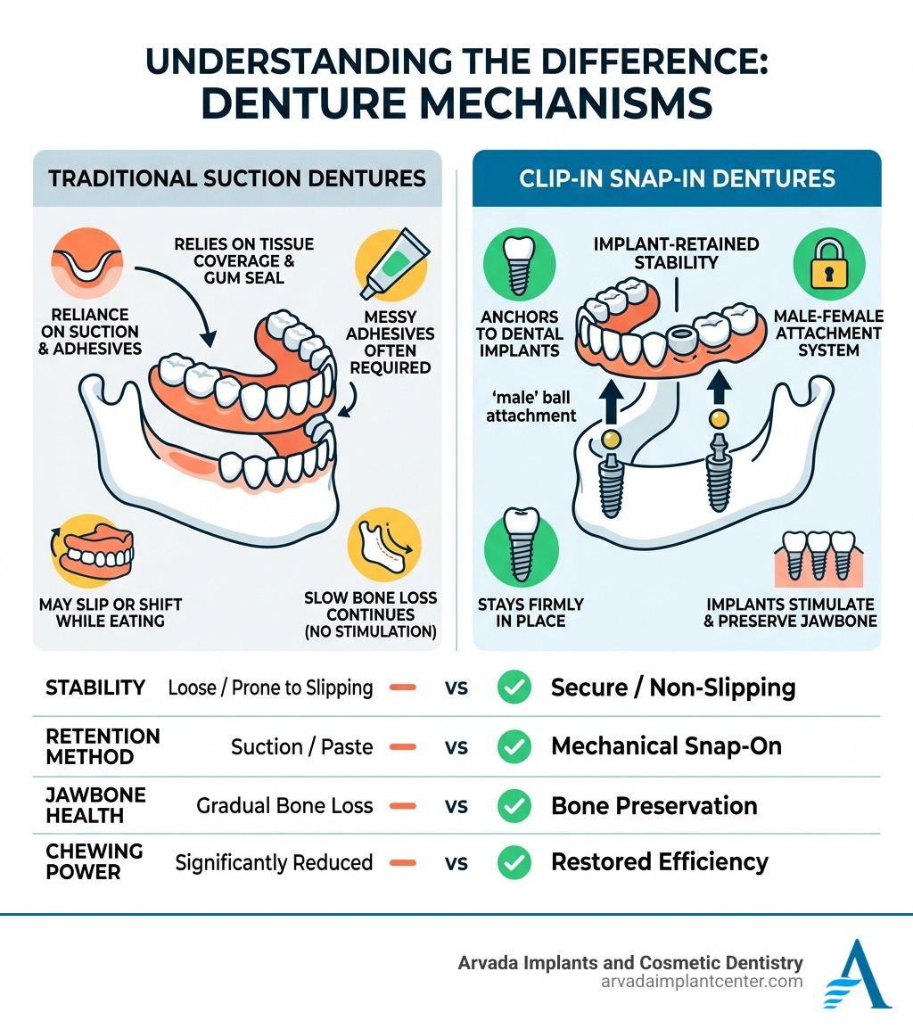 Clip-in snap-in denture mechanism vs traditional suction denture infographic - clip in denture cost infographic 
