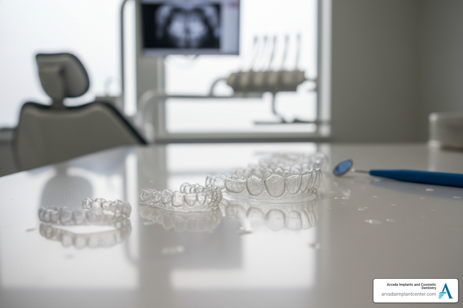 A set of transparent aligner trays sitting on a clean surface - clear plastic braces