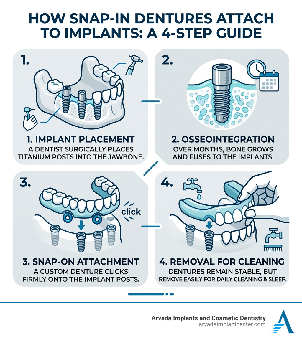 Step-by-step infographic showing how snap-in dentures attach to implants in the jawbone - how does snap in dentures work
