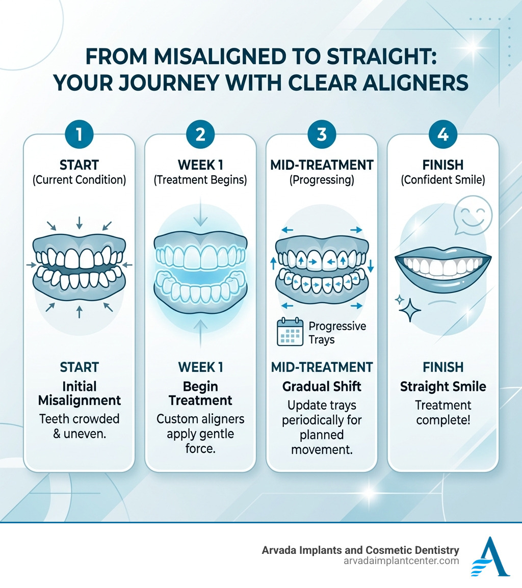 Step-by-step infographic showing misaligned teeth progressing to a straight smile with clear aligners - clear plastic braces