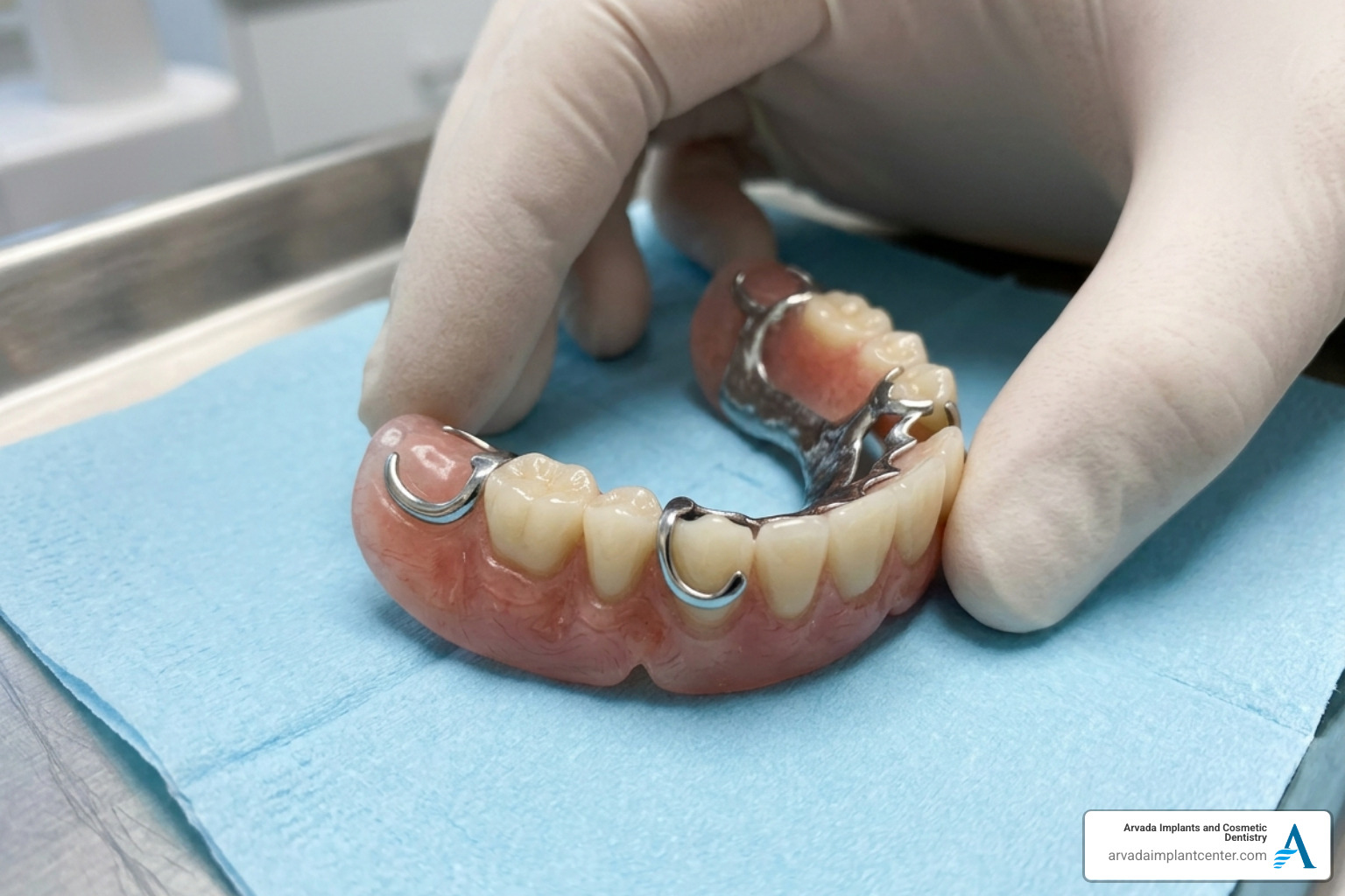 anatomy of a partial denture showing teeth, base, and metal clasps - partial dentures