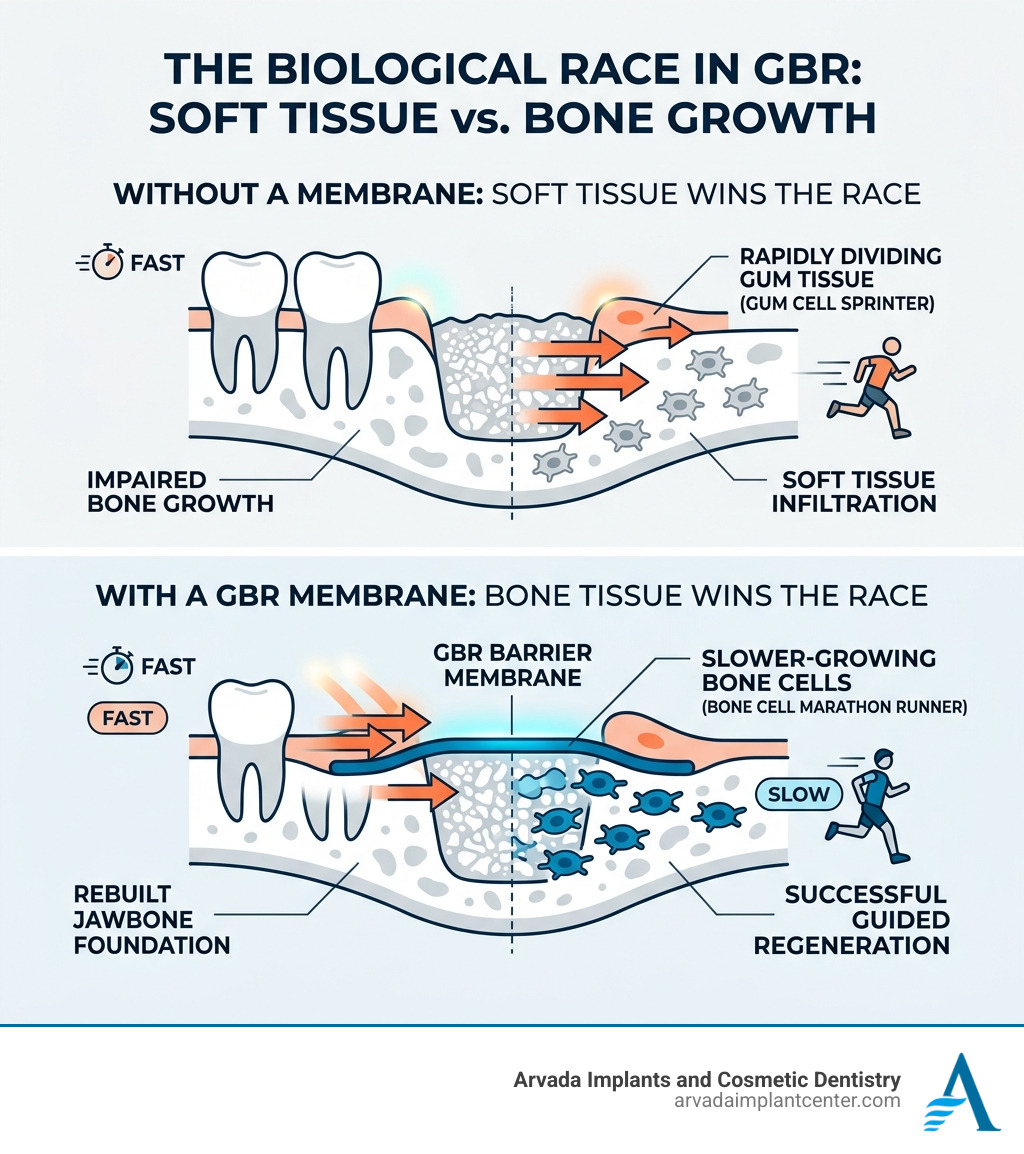 Infographic showing the biological race between soft tissue and bone growth in GBR - gbr in dentistry infographic 