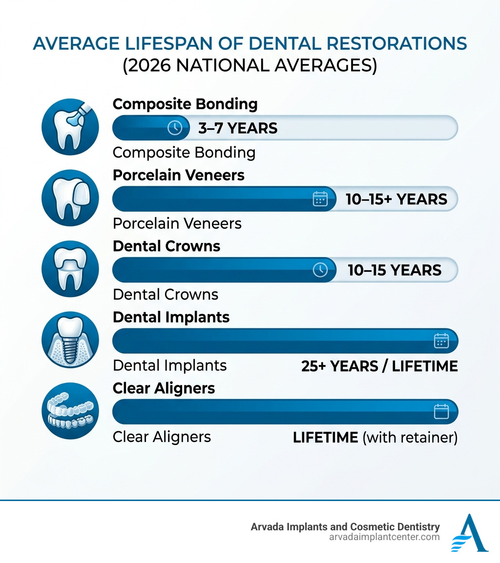 Infographic showing the average lifespan of various dental restorations - smile makeover infographic 
