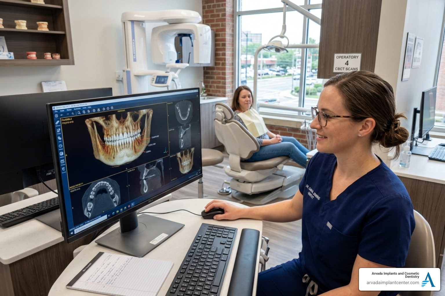 A dentist reviewing a 3D CBCT scan of a patient's jawbone - gbr in dentistry