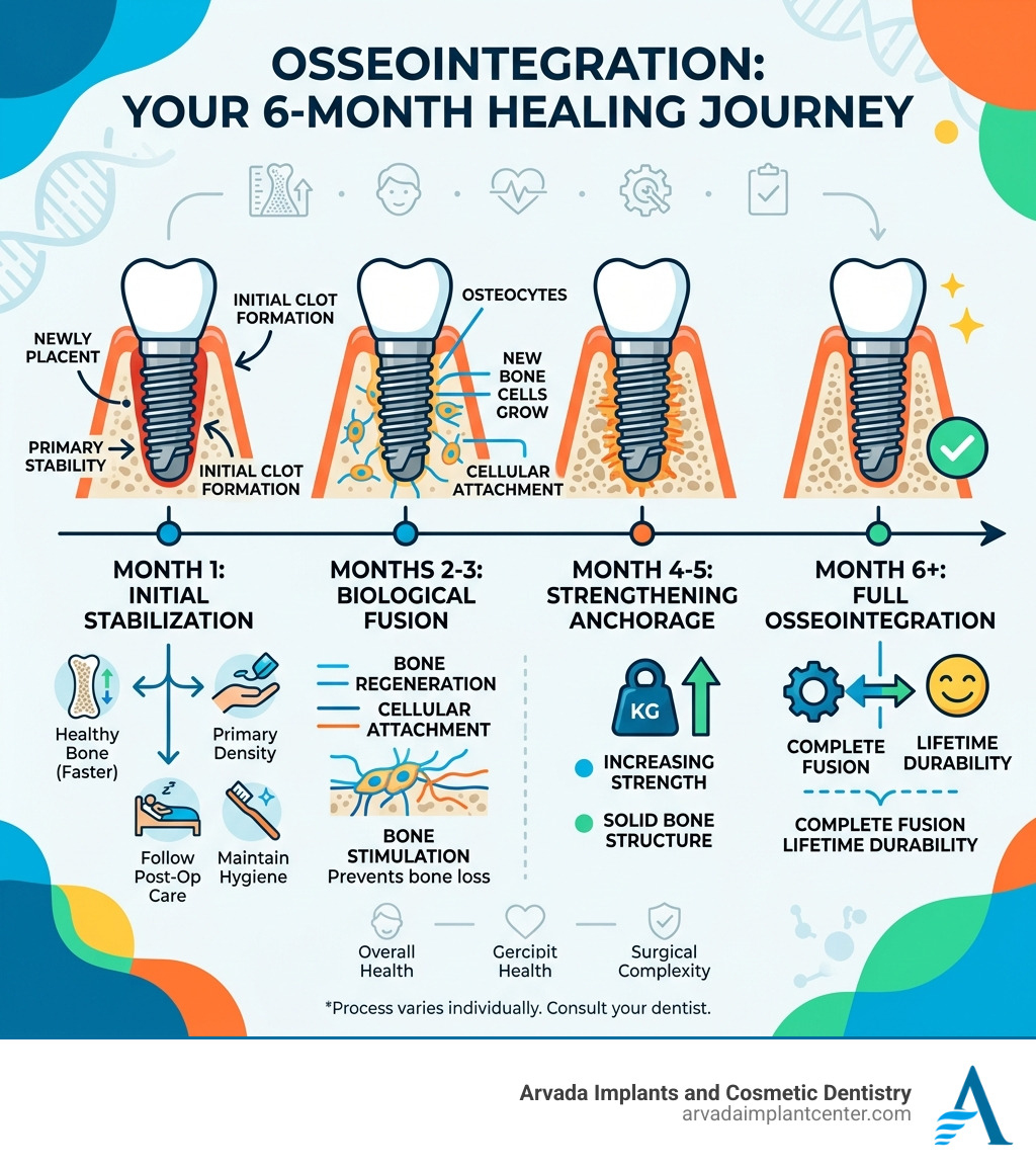Infographic showing the osseointegration process over 6 months - all on 4 recovery time infographic 