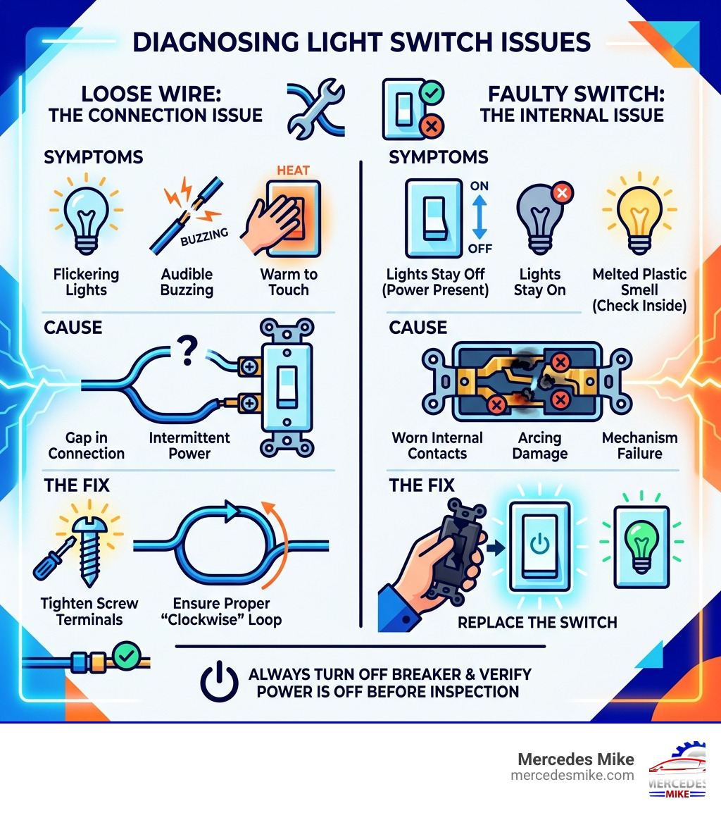 infographic showing the difference between a loose wire and a faulty switch - fix light switch infographic infographic showing the difference between a loose wire and a faulty switch - fix light switch infographic