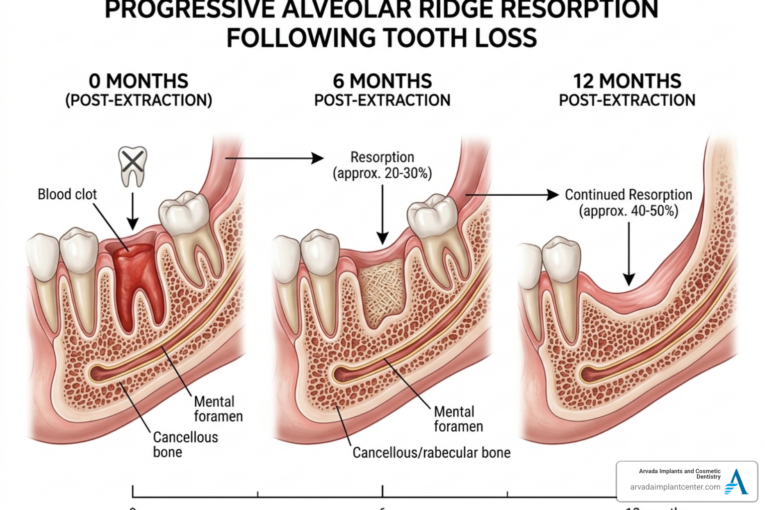 Diagram showing alveolar ridge resorption over time after tooth loss - gbr in dentistry