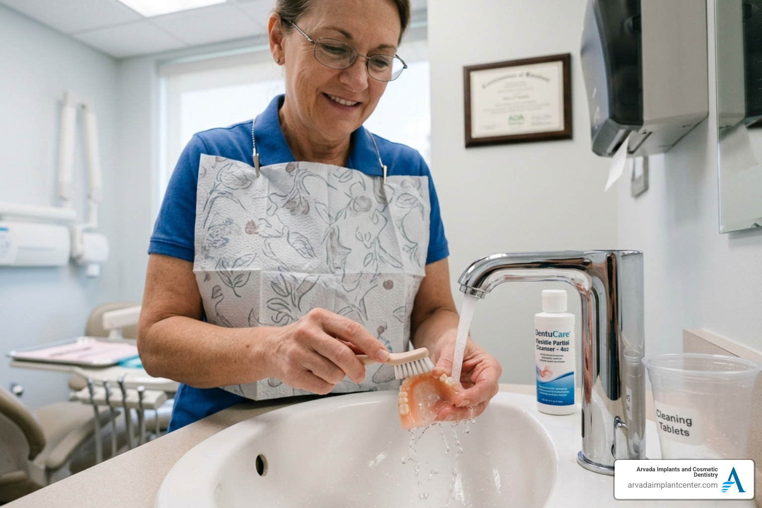 A patient cleaning their flexible partial denture with a soft brush and specialized cleanser - flexible partial dentures A patient cleaning their flexible partial denture with a soft brush and specialized cleanser - flexible partial dentures