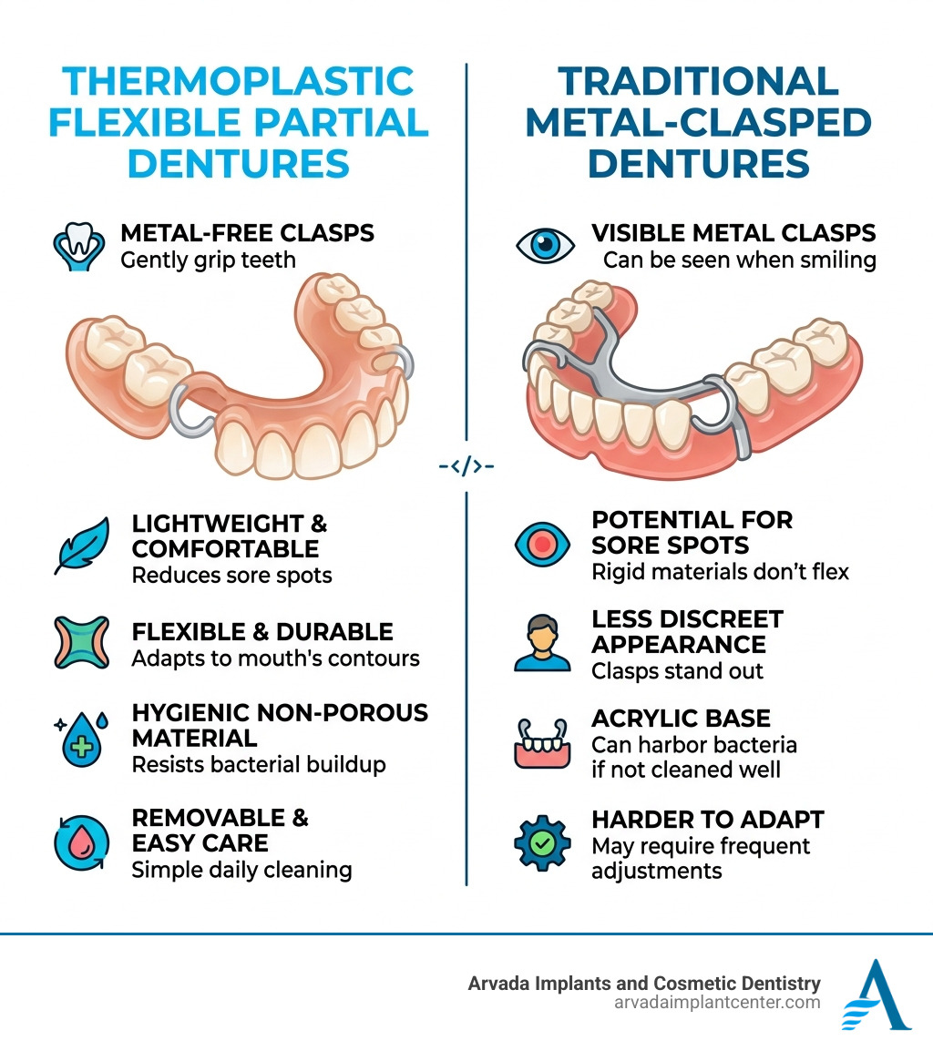 Benefits of thermoplastic flexible partial dentures vs metal clasped traditional dentures comparison infographic - flexible Benefits of thermoplastic flexible partial dentures vs metal clasped traditional dentures comparison infographic - flexible