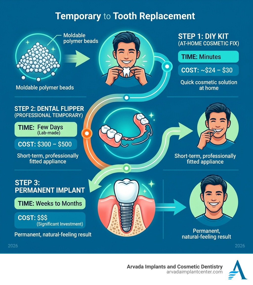 Timeline infographic from DIY tooth kit to dental flipper to permanent implant with costs and durations - temporary Timeline infographic from DIY tooth kit to dental flipper to permanent implant with costs and durations - temporary