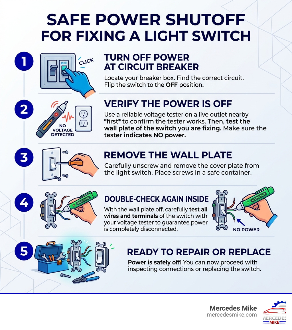 5-step power shutoff process for fixing a light switch safely - fix light switch infographic 5-step power shutoff process for fixing a light switch safely - fix light switch infographic