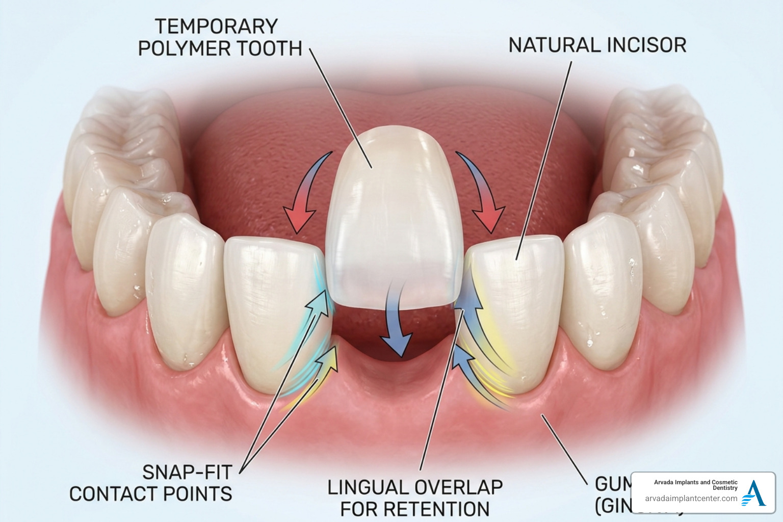 infographic showing the snap-fit application of a DIY tooth between two natural teeth - temporary replacement tooth infographic showing the snap-fit application of a DIY tooth between two natural teeth - temporary replacement tooth