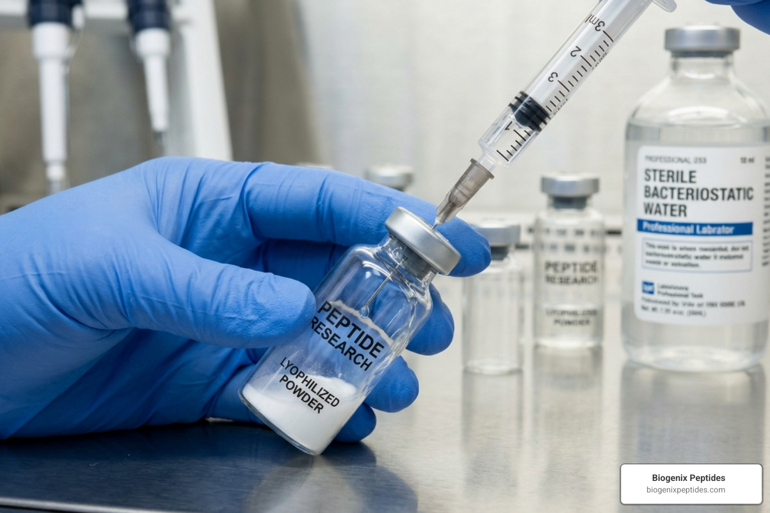 Diluent being added to a peptide vial at a 45-degree angle against the glass wall - reconstitute 5mg bpc 157