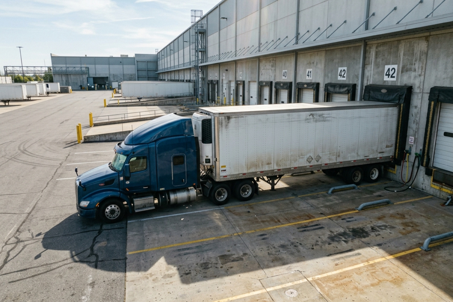 Semi-truck at distribution center loading dock with natural lighting - 3pl transportation