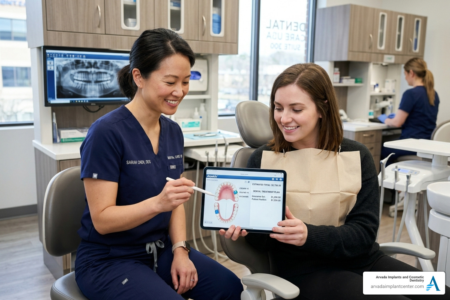 A dentist in Arvada sitting with a patient, reviewing a digital treatment plan and cost breakdown - cosmetic smile makeover