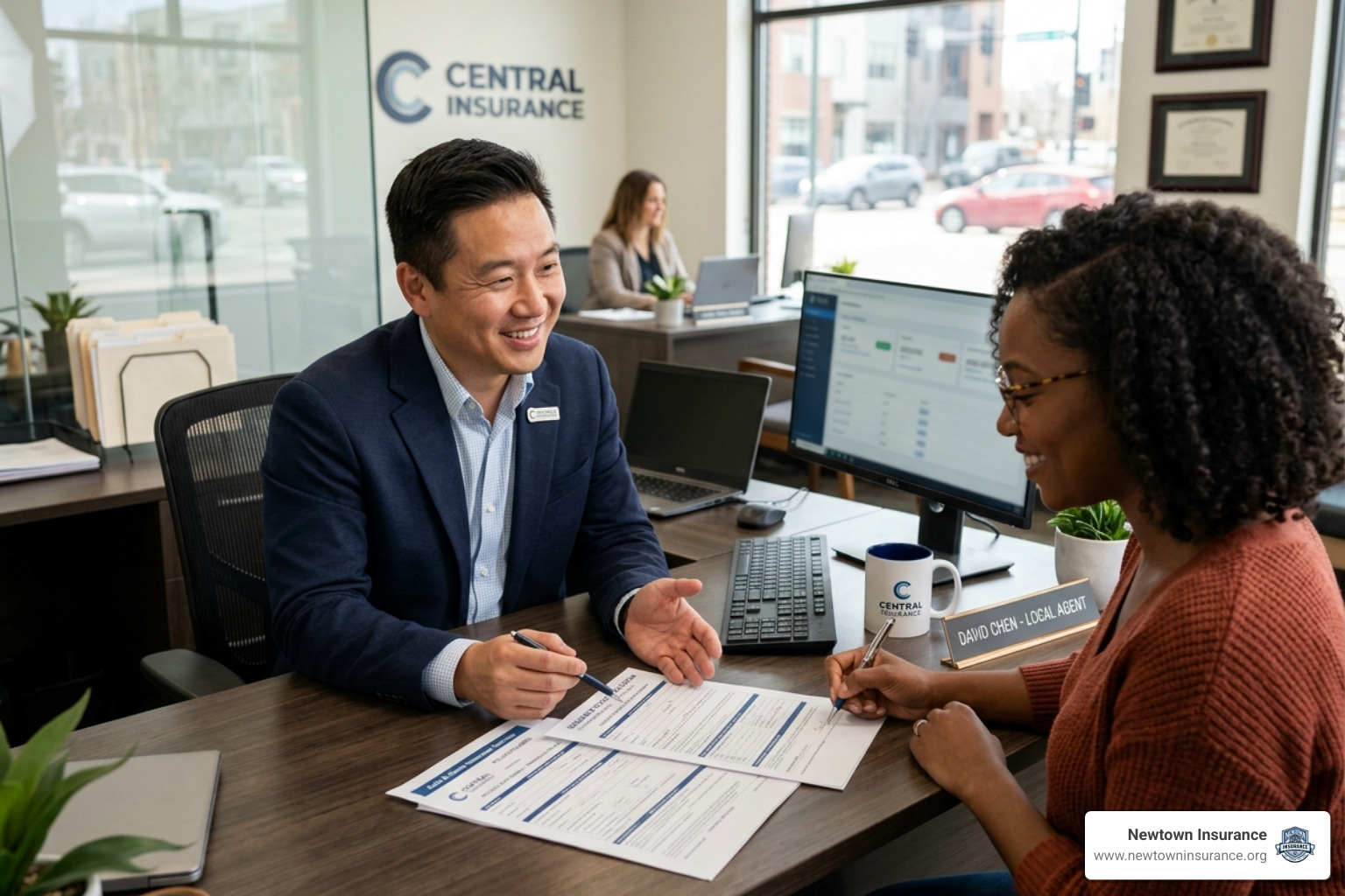 A friendly local insurance agent helping a client with paperwork in a modern office - car insurance reading pa A friendly local insurance agent helping a client with paperwork in a modern office - car insurance reading pa