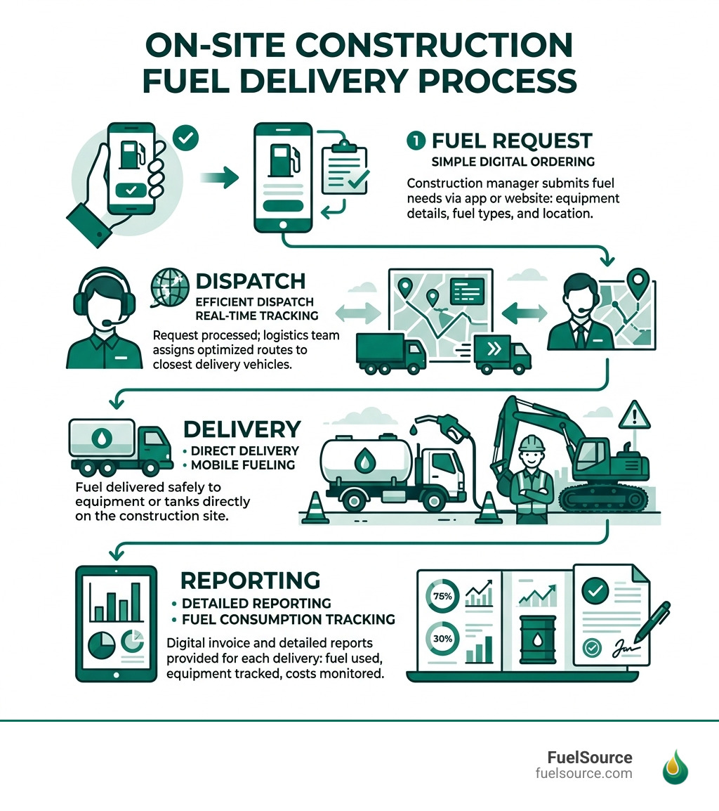 Infographic showing the on-site fuel delivery process for construction sites: request, dispatch, delivery, and reporting
