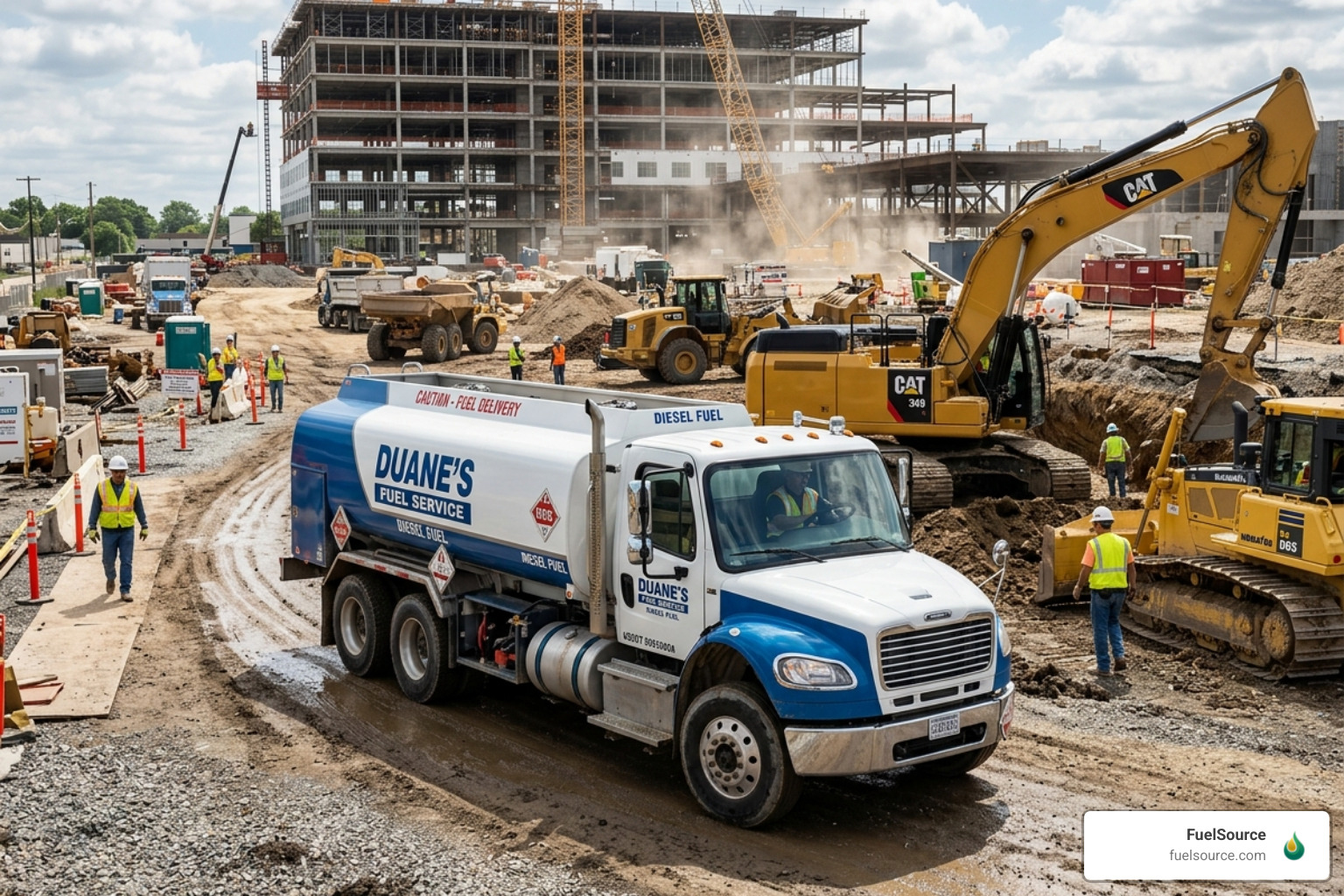 A fuel truck navigating a busy construction job site to reach heavy machinery - fuel delivery construction sites