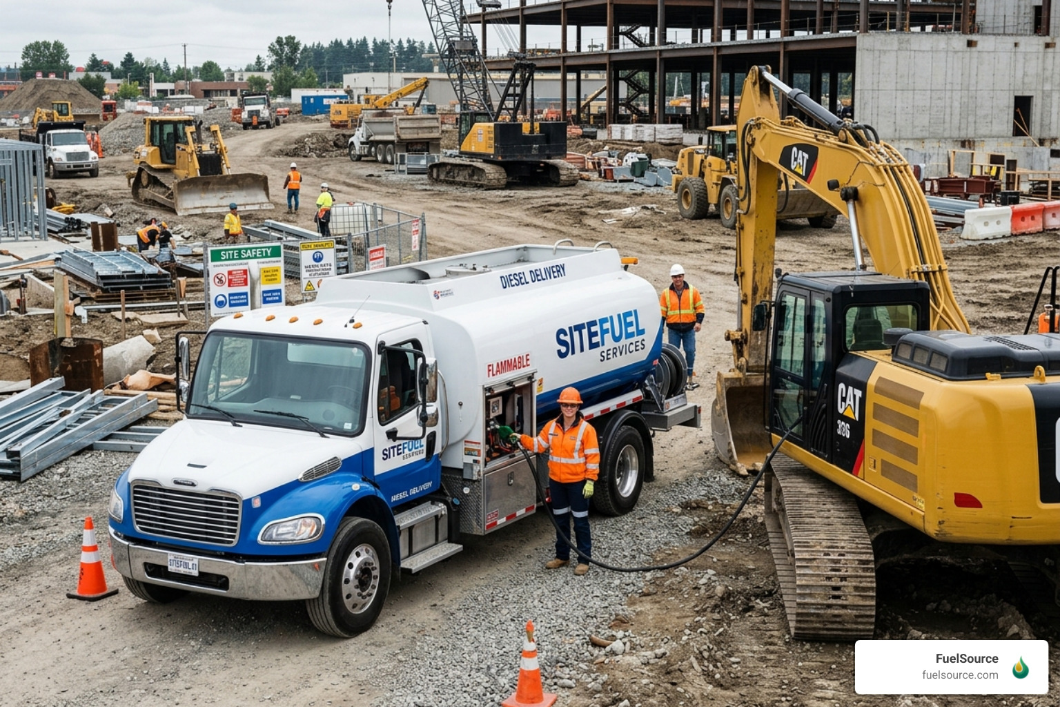 Various fuel types including diesel and DEF being dispensed into heavy equipment - fuel delivery construction sites