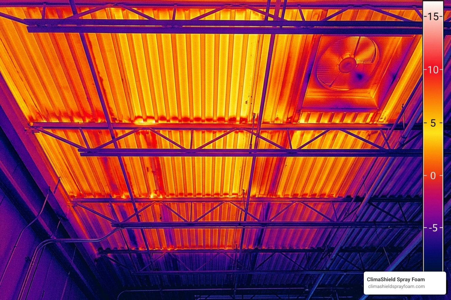 Thermal imaging showing significant heat loss through an uninsulated warehouse roof deck - commercial warehouse ceiling Thermal imaging showing significant heat loss through an uninsulated warehouse roof deck - commercial warehouse ceiling