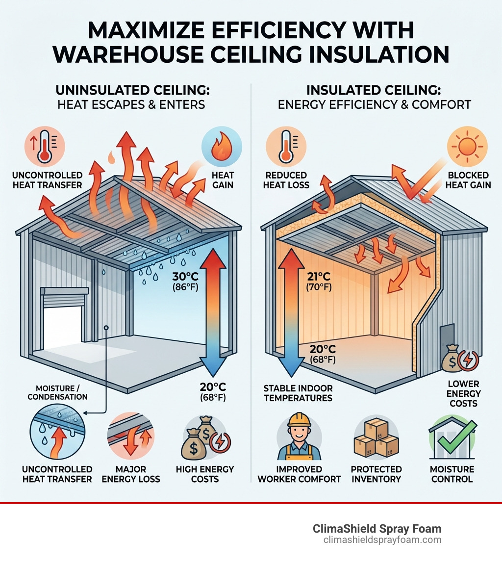 Infographic showing heat transfer, energy loss, and insulation benefits in a metal warehouse ceiling - commercial warehouse Infographic showing heat transfer, energy loss, and insulation benefits in a metal warehouse ceiling - commercial warehouse