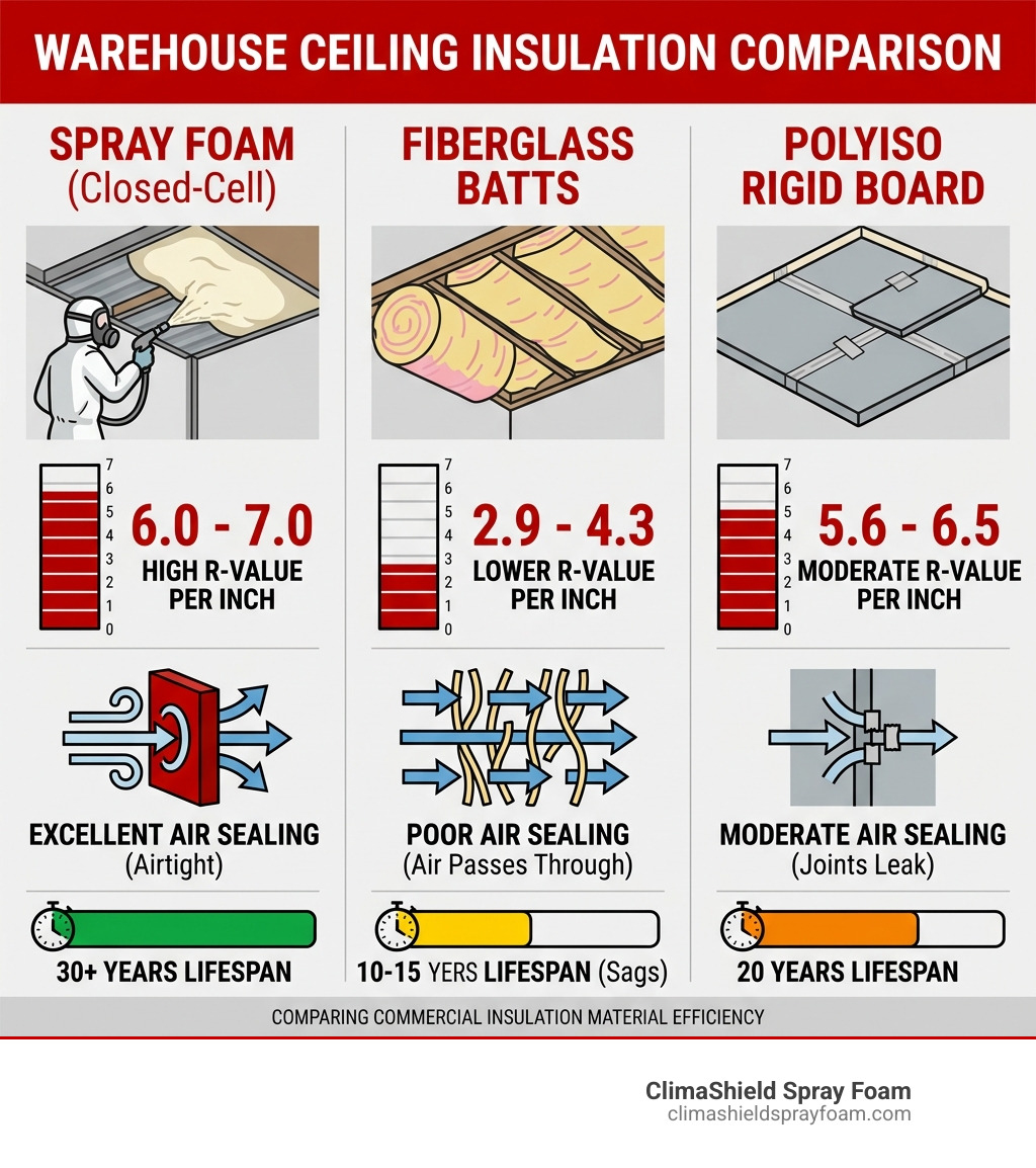 Infographic comparing R-values and air leakage of spray foam vs fiberglass batts and polyiso board - commercial warehouse Infographic comparing R-values and air leakage of spray foam vs fiberglass batts and polyiso board - commercial warehouse