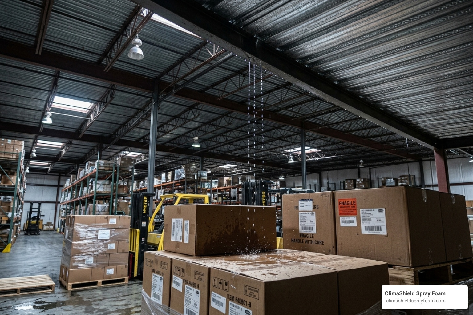 Warehouse interior showing condensation dripping from a metal roof deck onto inventory - commercial warehouse ceiling Warehouse interior showing condensation dripping from a metal roof deck onto inventory - commercial warehouse ceiling