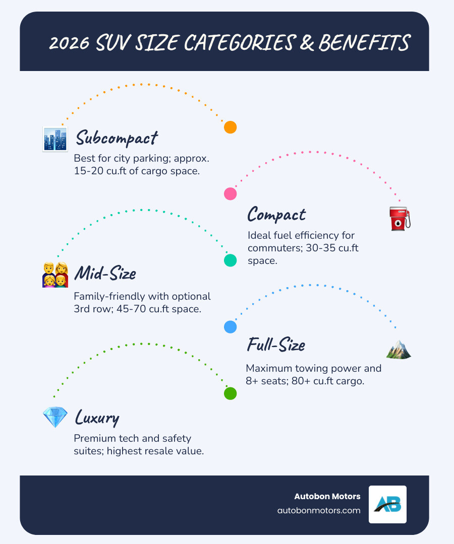 Infographic showing SUV size categories from subcompact to full-size with cargo space and key benefits - second hand suv