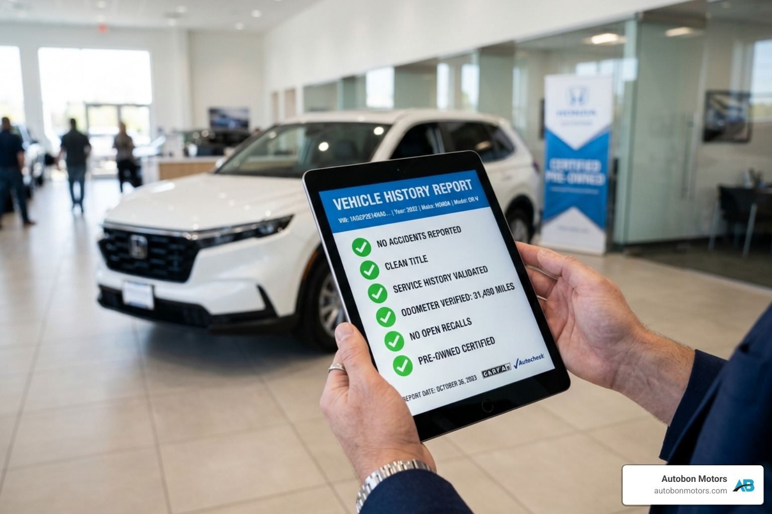 A person using a tablet to review a detailed vehicle history report with "No Accidents" badge visible - second hand suv
