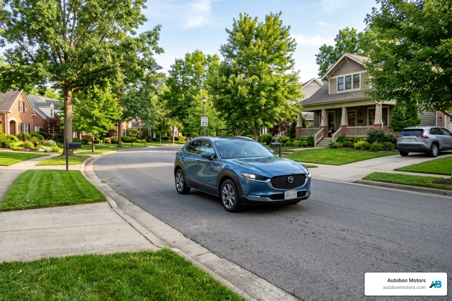 Compact crossover driving through a quiet suburban neighborhood - second hand suv