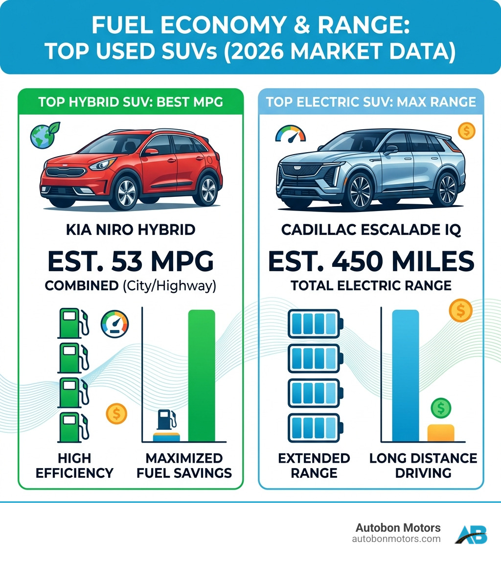 Infographic comparing MPG and range of top used SUVs including Kia Niro and Cadillac Escalade IQ - second hand suv