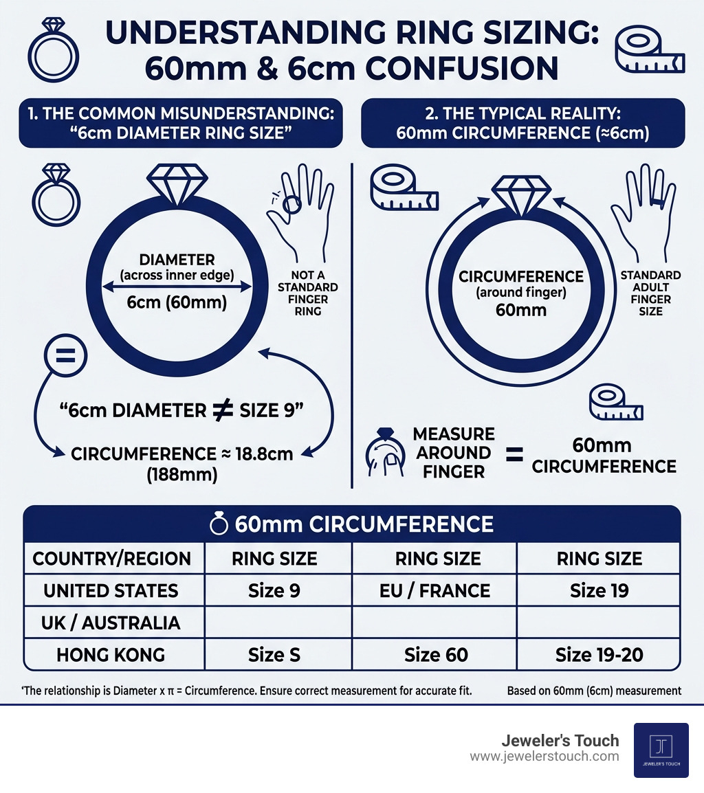 Infographic showing the difference between ring diameter and circumference with international size equivalents for 60mm Infographic showing the difference between ring diameter and circumference with international size equivalents for 60mm