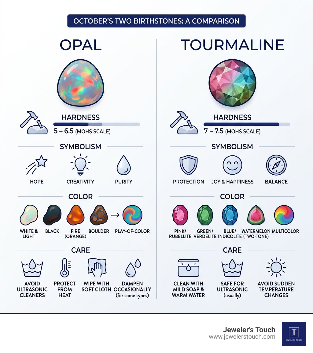 Infographic comparing October's two birthstones: Opal vs Tourmaline — hardness, symbolism, color, and care - opal birthstone Infographic comparing October's two birthstones: Opal vs Tourmaline — hardness, symbolism, color, and care - opal birthstone