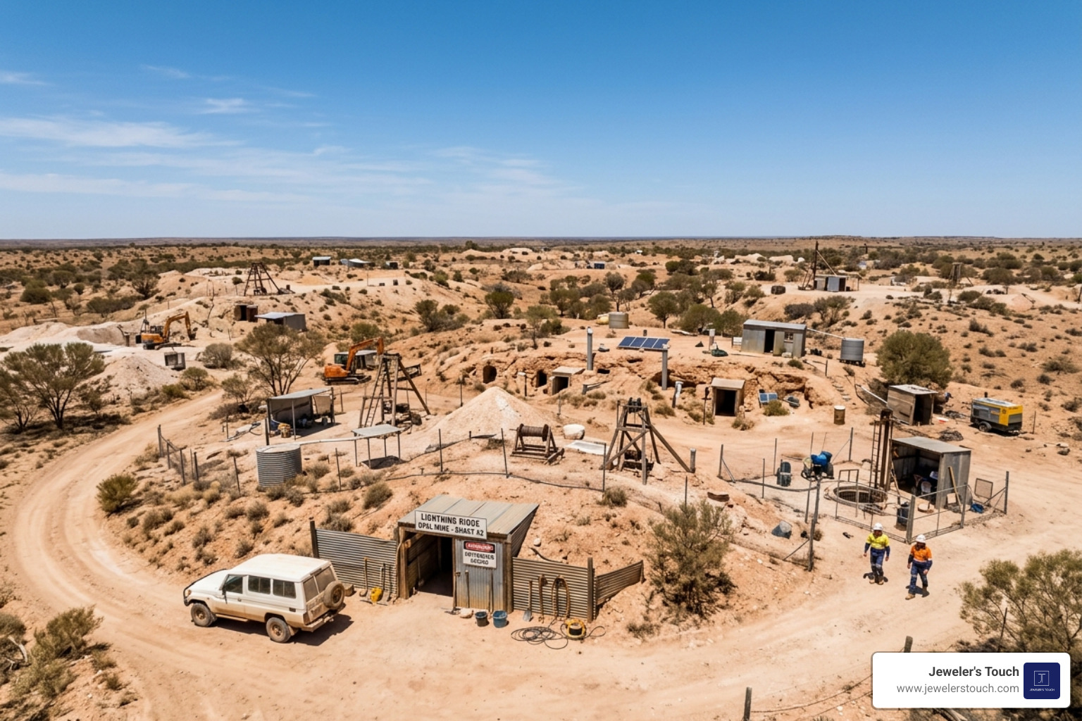 A view of an opal mine in Lightning Ridge, Australia, showing the arid landscape and mining shafts - opal birthstone A view of an opal mine in Lightning Ridge, Australia, showing the arid landscape and mining shafts - opal birthstone