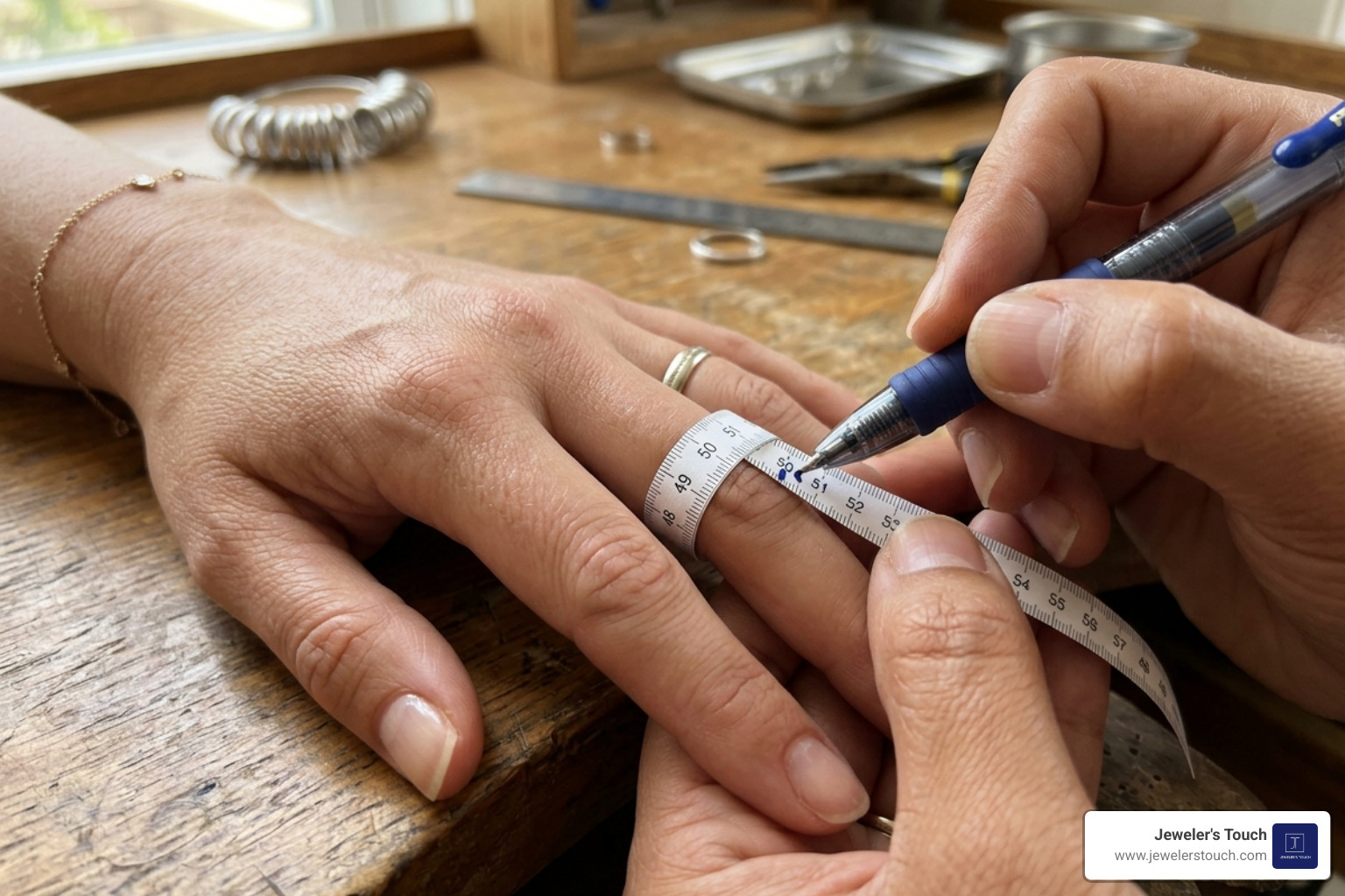 Hand being measured with a paper strip and a pen for ring sizing - 6cm diameter ring size Hand being measured with a paper strip and a pen for ring sizing - 6cm diameter ring size