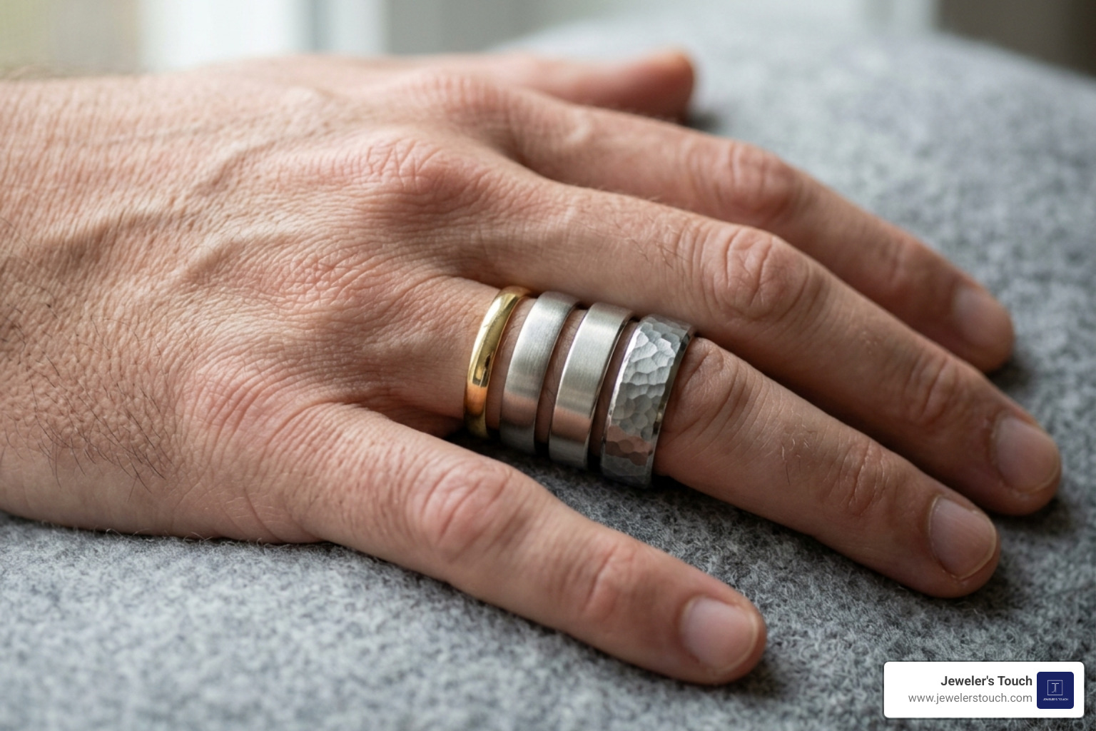 Comparison of different ring widths from 4mm to 10mm on a man's hand - average men's ring finger size Comparison of different ring widths from 4mm to 10mm on a man's hand - average men's ring finger size