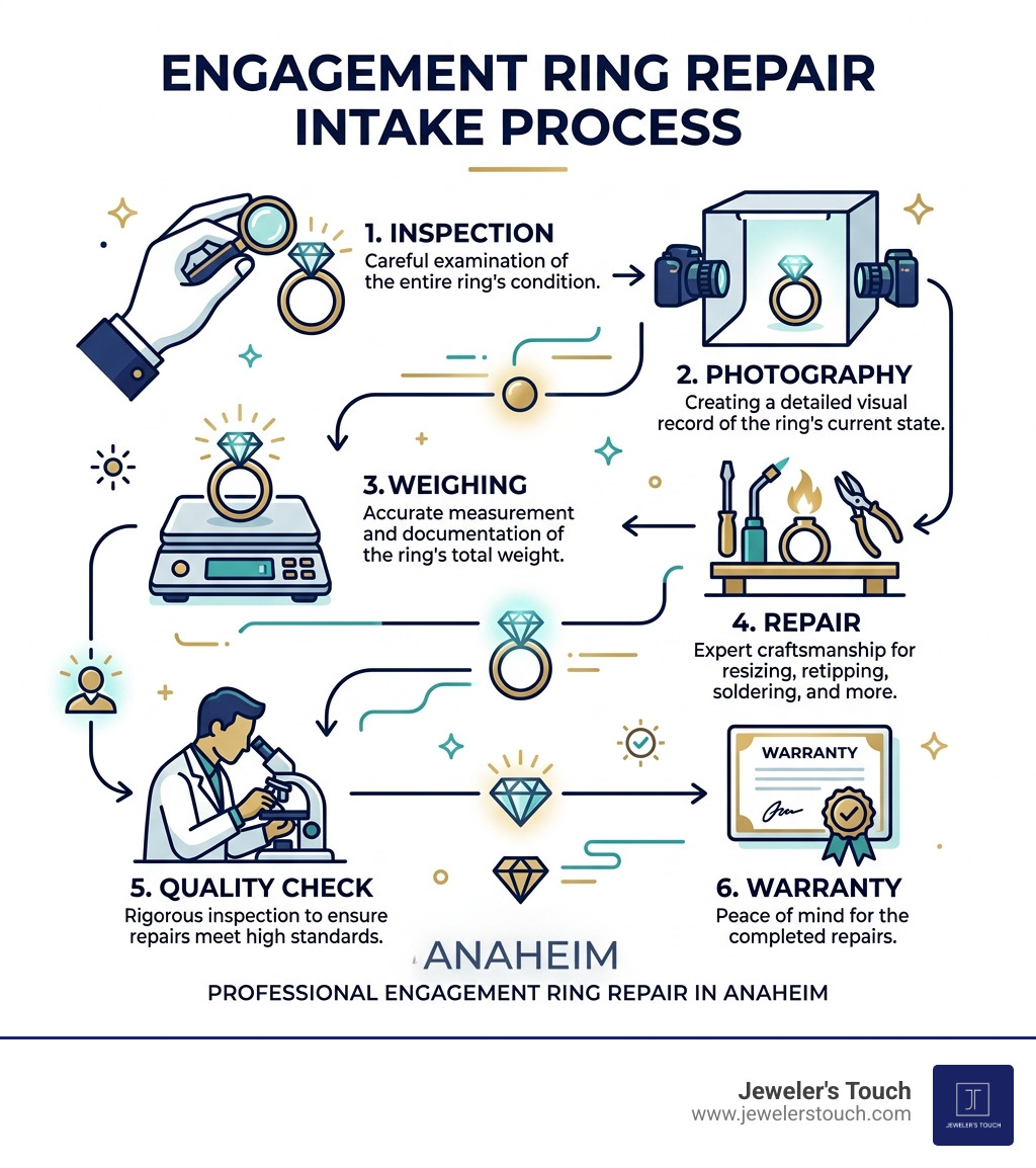 Infographic showing the engagement ring repair intake process: inspection, photography, weighing, repair, quality check Infographic showing the engagement ring repair intake process: inspection, photography, weighing, repair, quality check