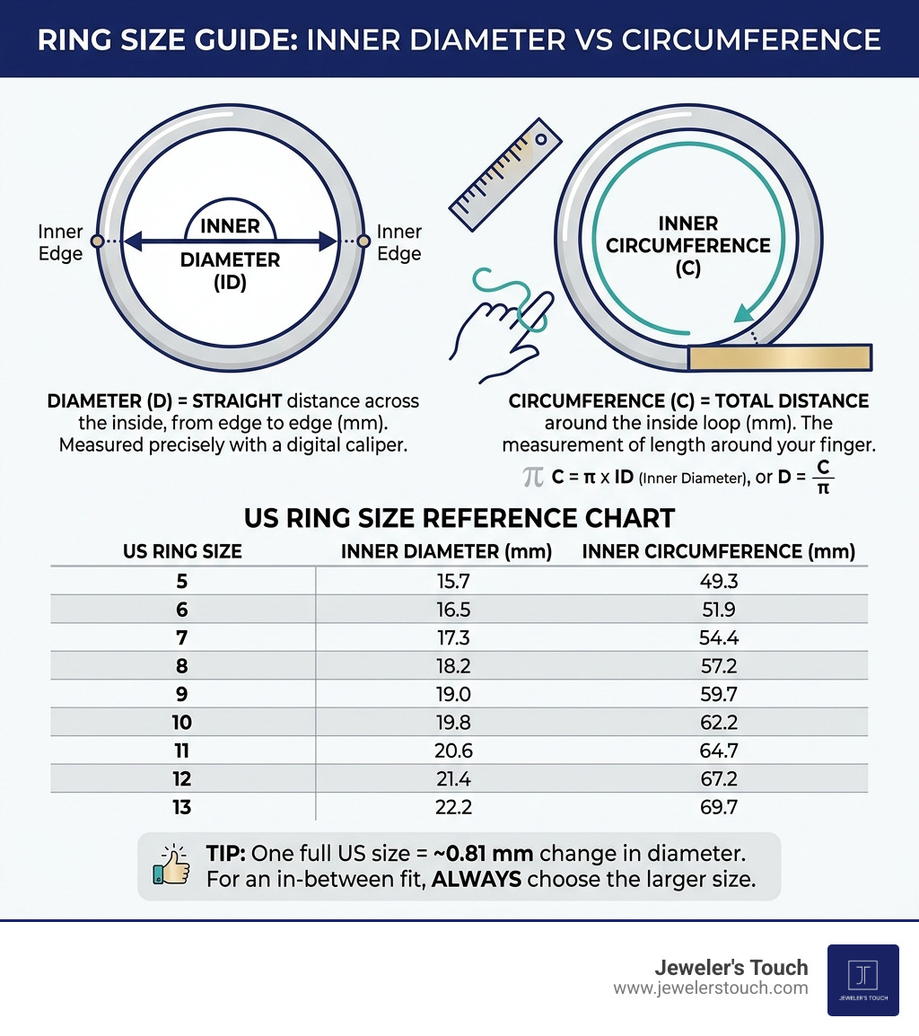 Infographic showing ring inner diameter vs circumference with labeled measurement points and US size chart - ring size inner Infographic showing ring inner diameter vs circumference with labeled measurement points and US size chart - ring size inner