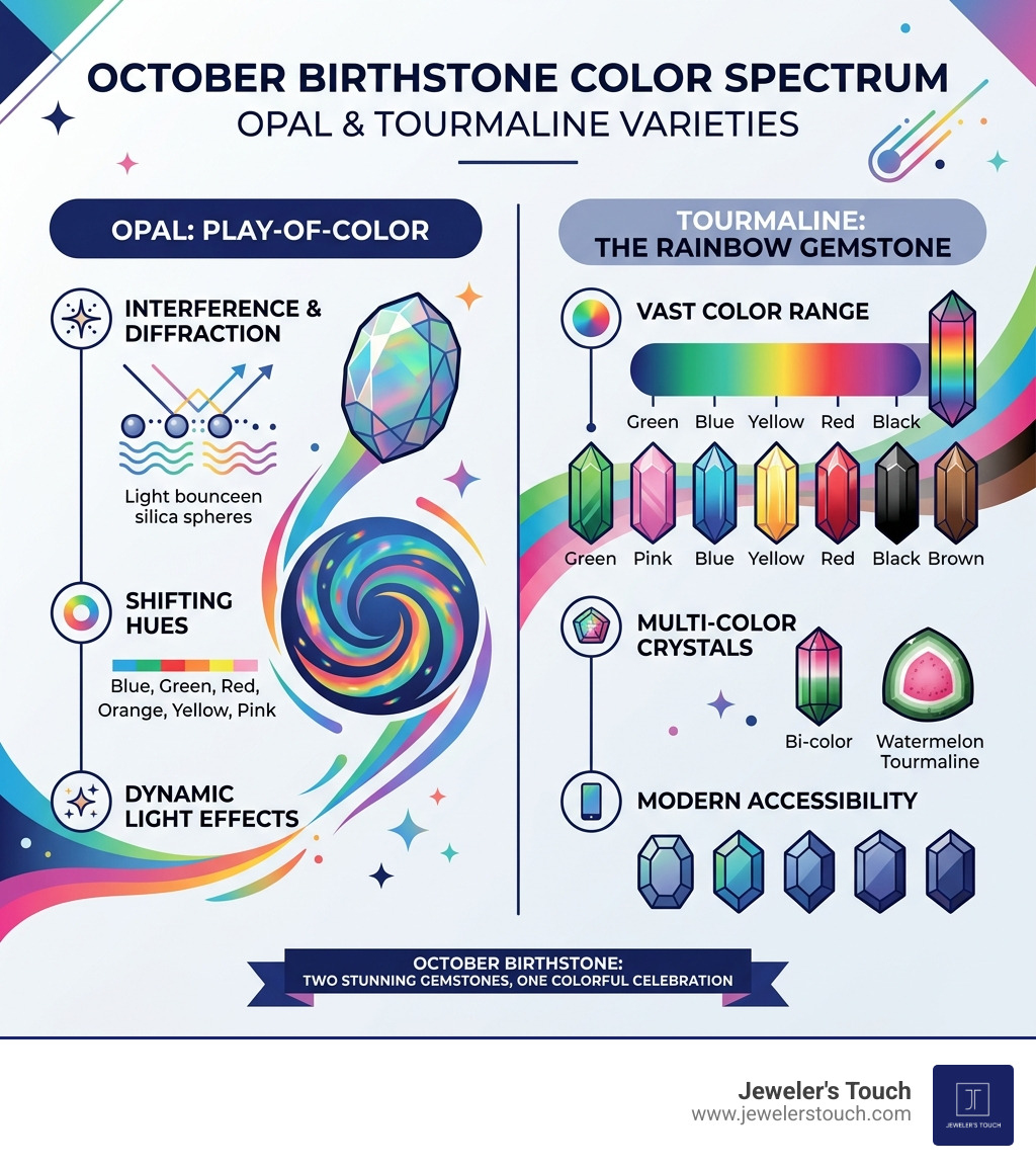 October birthstone color spectrum infographic showing opal play-of-color and tourmaline rainbow varieties - october
