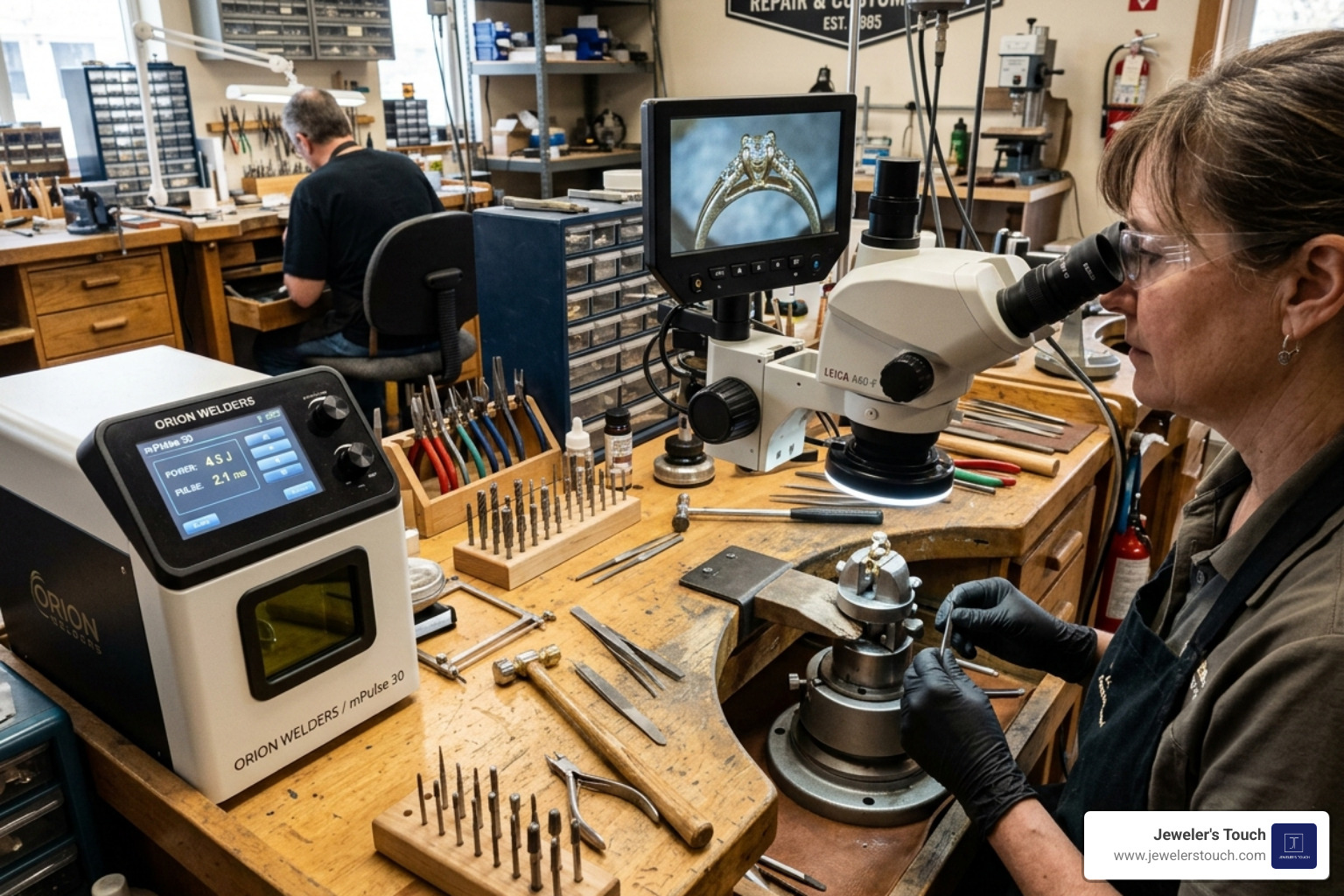 A master jeweler's workbench in an on-site studio with specialized laser welding equipment - engagement ring repair anaheim A master jeweler's workbench in an on-site studio with specialized laser welding equipment - engagement ring repair anaheim