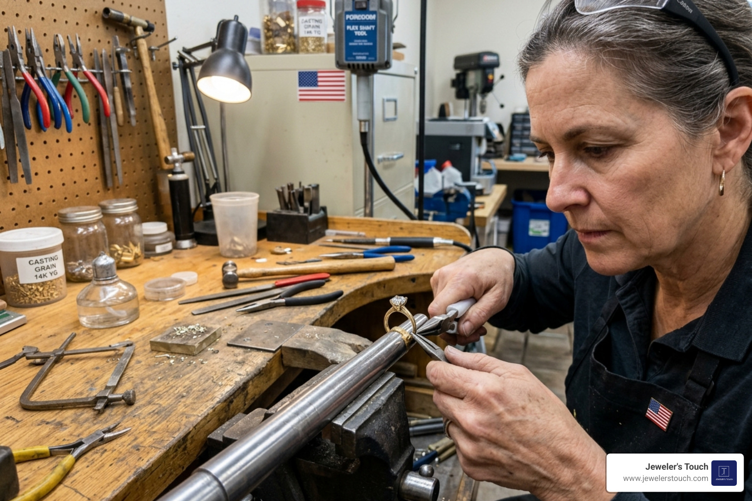 A professional jeweler resizing a gold engagement ring with precision tools - engagement ring repair anaheim A professional jeweler resizing a gold engagement ring with precision tools - engagement ring repair anaheim