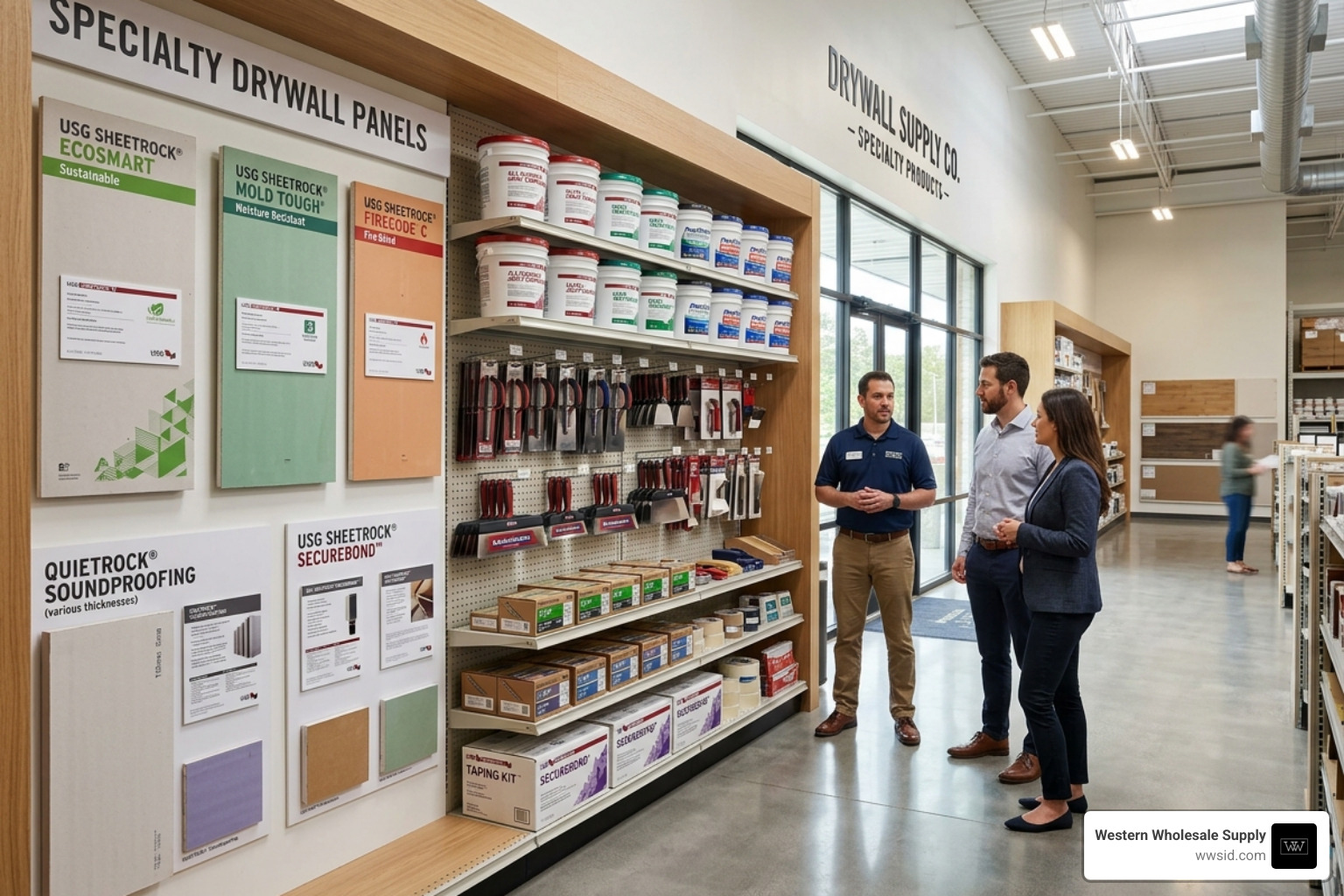 Specialty drywall panels and finishing tools arranged in a professional showroom - drywall supply store near me Specialty drywall panels and finishing tools arranged in a professional showroom - drywall supply store near me