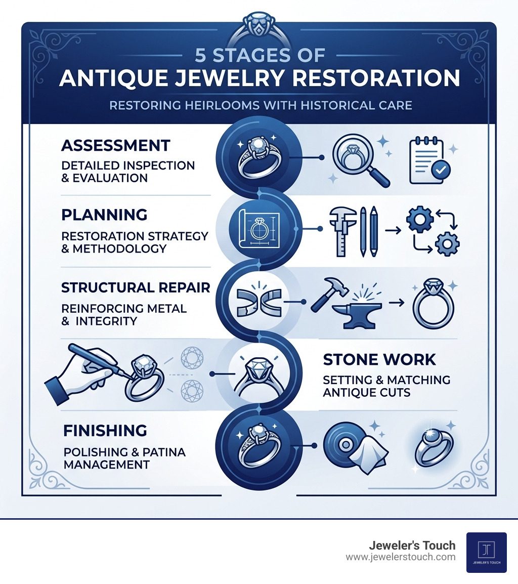 5 stages of antique jewelry restoration: assessment, planning, structural repair, stone work, finishing - antique ring