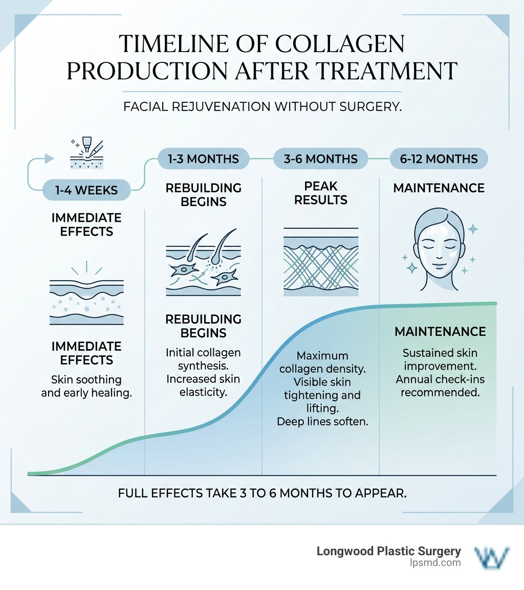 Infographic showing the timeline of collagen production after treatment - face rejuvenation without surgery infographic Infographic showing the timeline of collagen production after treatment - face rejuvenation without surgery infographic