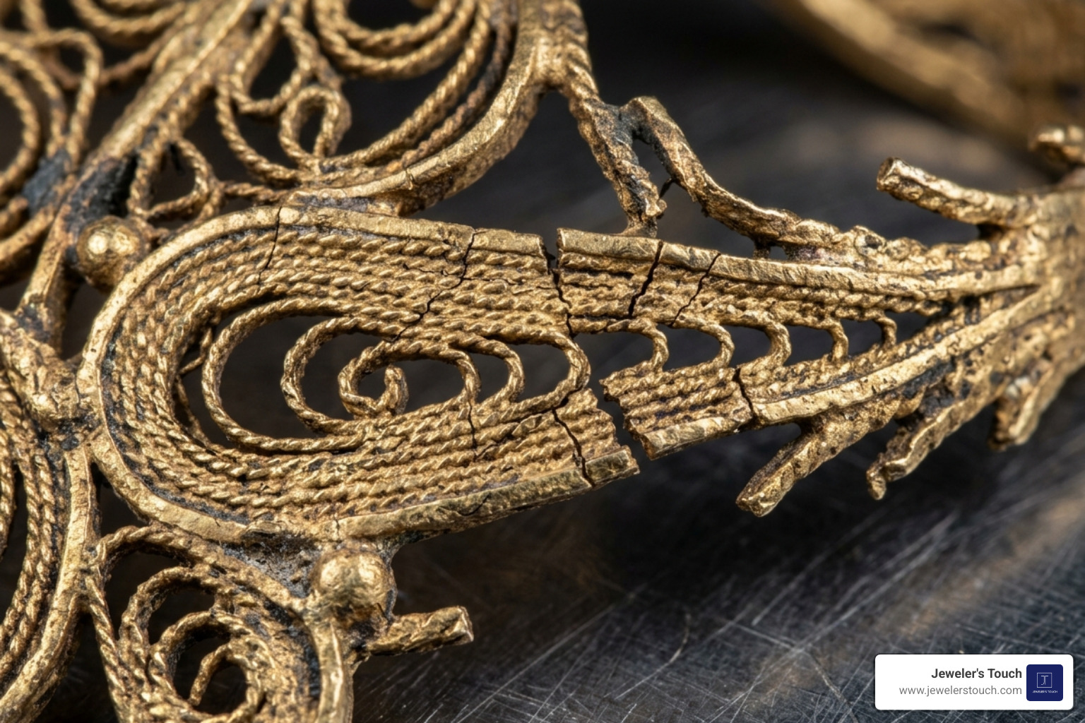 damaged filigree under a microscope showing tiny cracks and metal thinning - antique ring repair